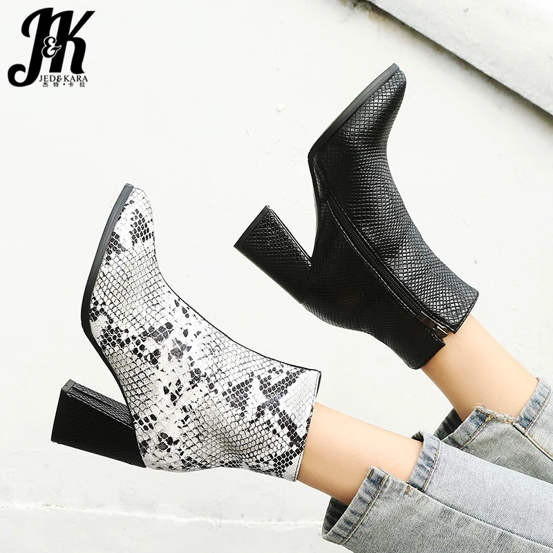 JK Snake Skin Pu Boots Women High Heels Ankle Booties Ladies Zip Shoes Female Emboss Pointed Toe Winter 2020 | Обувь