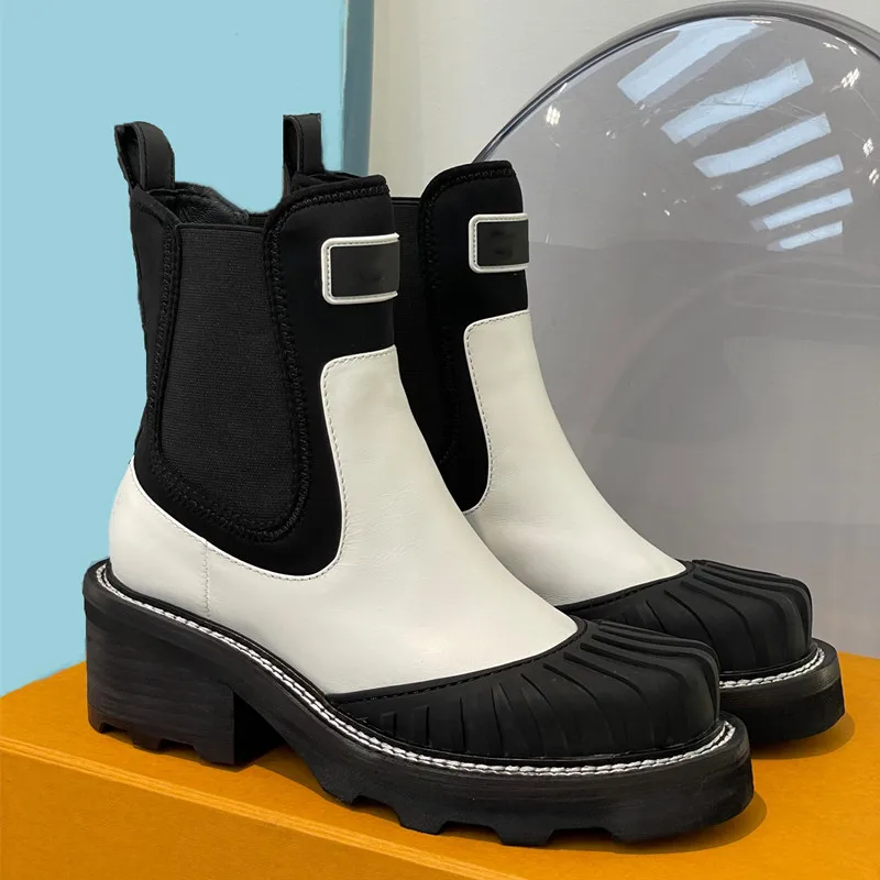 

Shell Head Woman Boots Genuine Leather Ankle Boots Elastic Shoes Women Square Heels Boots Fashion Cool Ladies Boots Patchwork