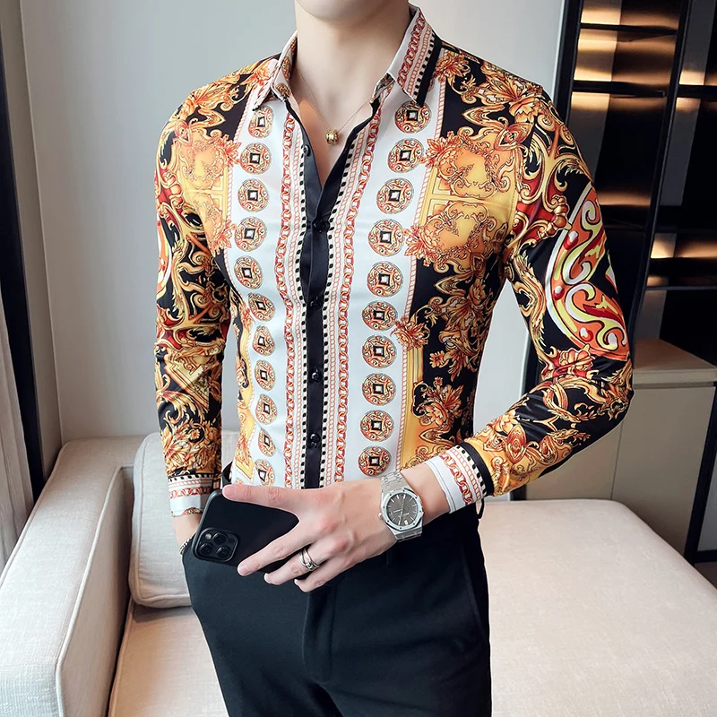 Luxury Royal Gold Print Men Shirt Brand Clothing Men Long Sleeve Slim Fit Business Formal Dress Party Club Fashion Shirt Homme