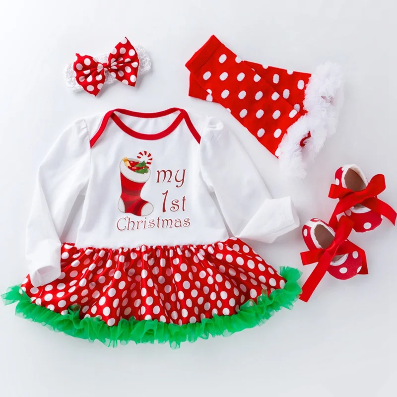 

Xmas Tree My First Christmas Girl Romper Dress Headband Crib Shoes Leg Warmers Newborn Baby Girl Clothes Sets Infant Clothing