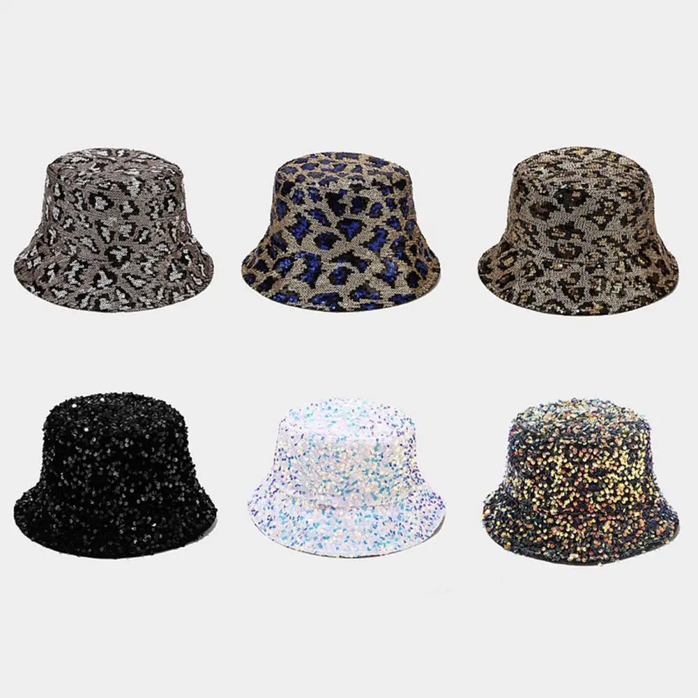 

Women Fisherman Hat Sequins Leopard Pattern Stage Performance Bucket Basin Cap Bucket Basin Cap Women Fisherman Hat Bucket Basi