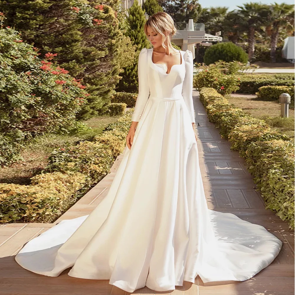 

Elegant Satin Wedding Dresses Long Sleeve Bride Gown Arabic Muslim Wedding Gown Open Back Vestido de novia 2021