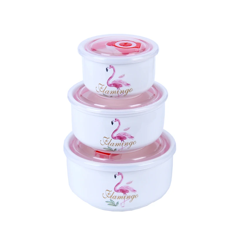 

3pcs Sealing Box Crisper Retain Freshness Ceramic Bowl Bone China Mixing Bowl Crisper Instant Noodle Salad Microwave Oven Sealed