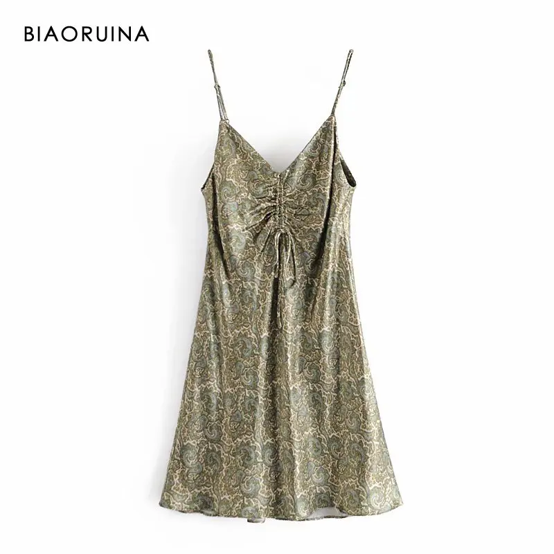 

BIAORUINA Women's Green Printed Sleeveless V-neck Short Boho Dress Pleated Drawstring Female High Waist Fashion Summer Dresses