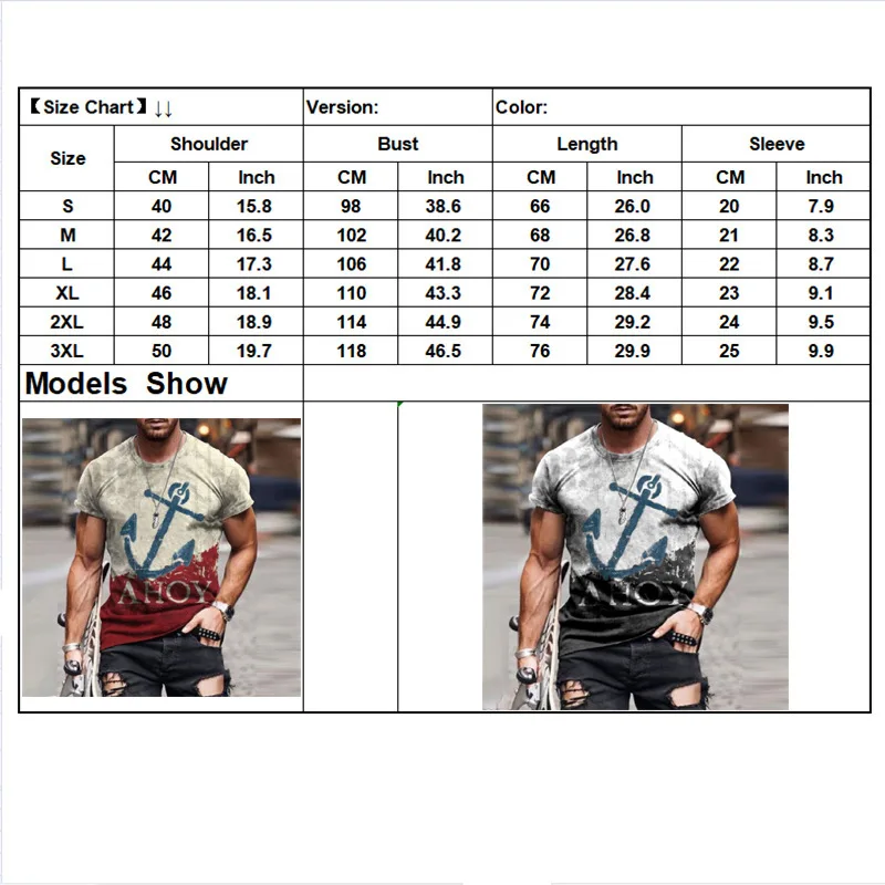 

2021 Summer Men's T-shirt Anchor Printing Men's and Women's Fashion T-shirt 3D Printing T-shirt Summer Beach S-3XL