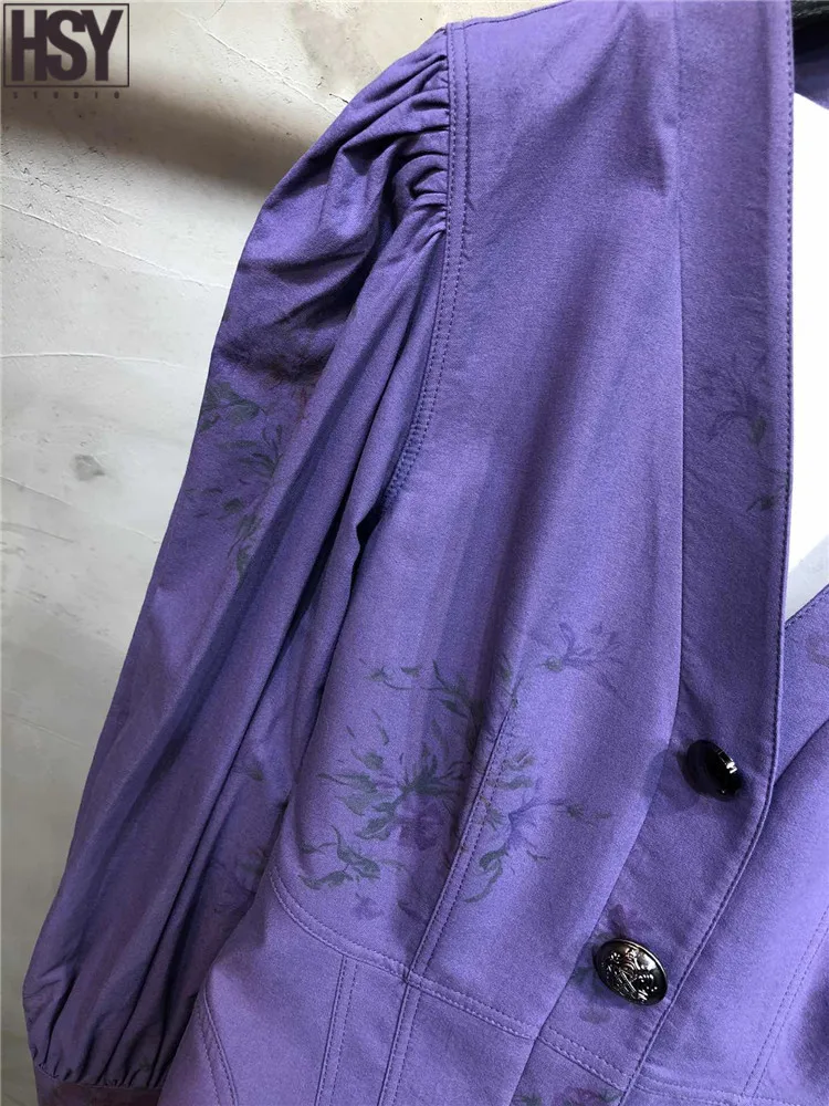 【HSY】2019 осень зима новые женские пышные рукава пуговицы украшения фиолетовый