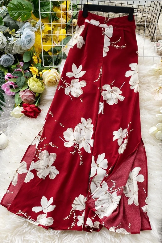 

Women Elastic Waist Pants Summer Floral Print High Waist Beach Pants Retro Female Wide Leg Loose Thin Pants Mujer