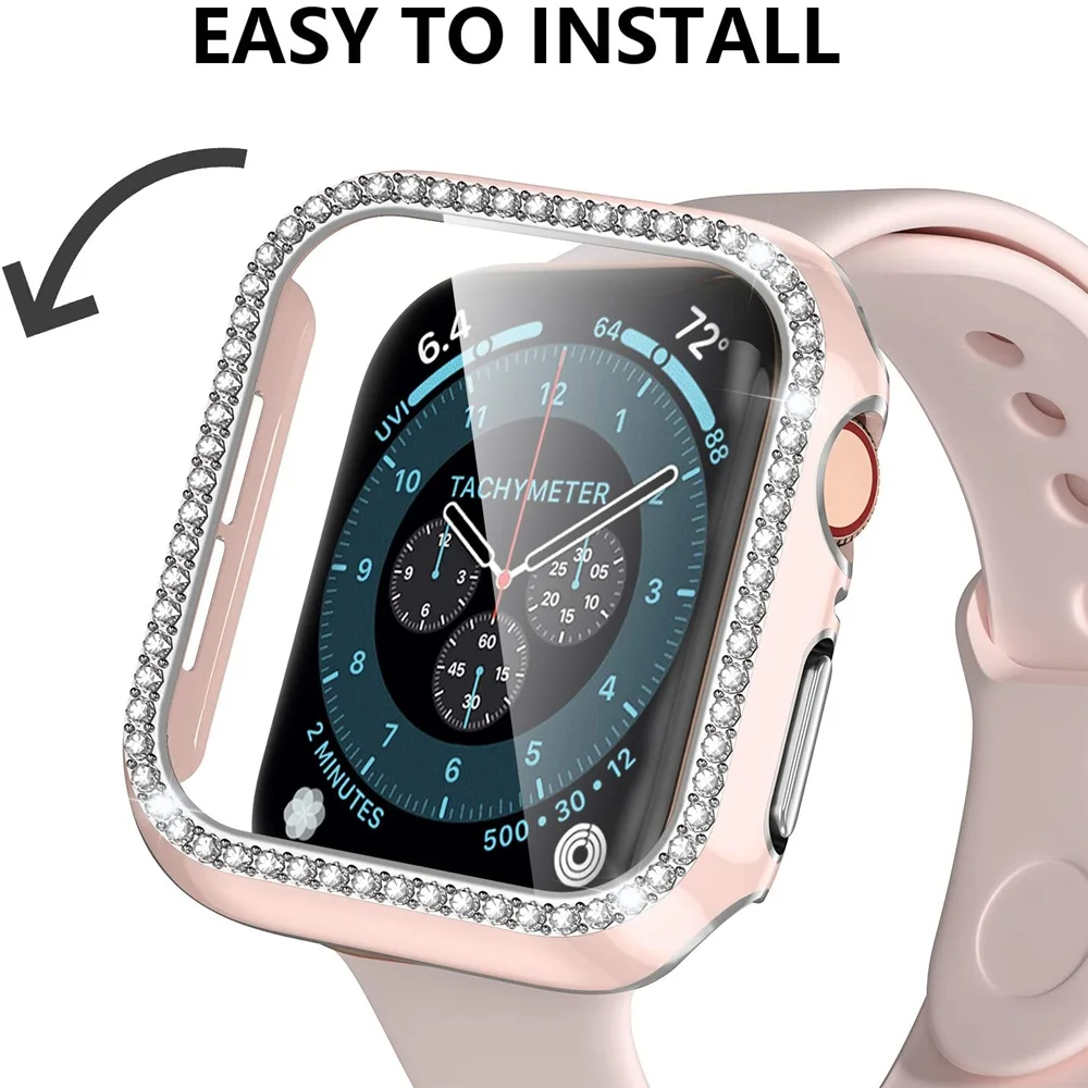 Шикарное стекло + чехол для Apple Watch 44 мм 45 41 40 42 38 фотоэлемент защита экрана iwatch