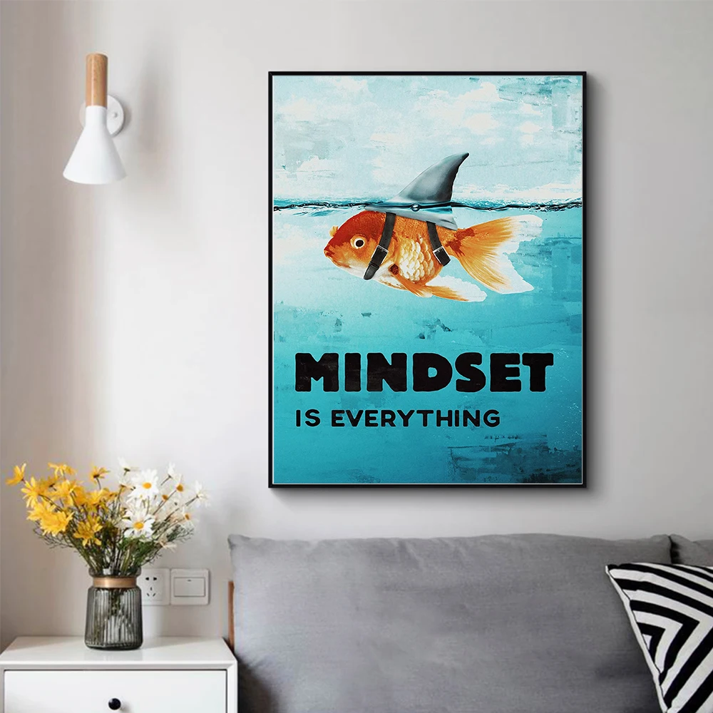 

Wall Art Canvas Painting Printed Mindset Is Everything Shark Fish Pictures Motivational Poster for Living Room Nordic Home Decor
