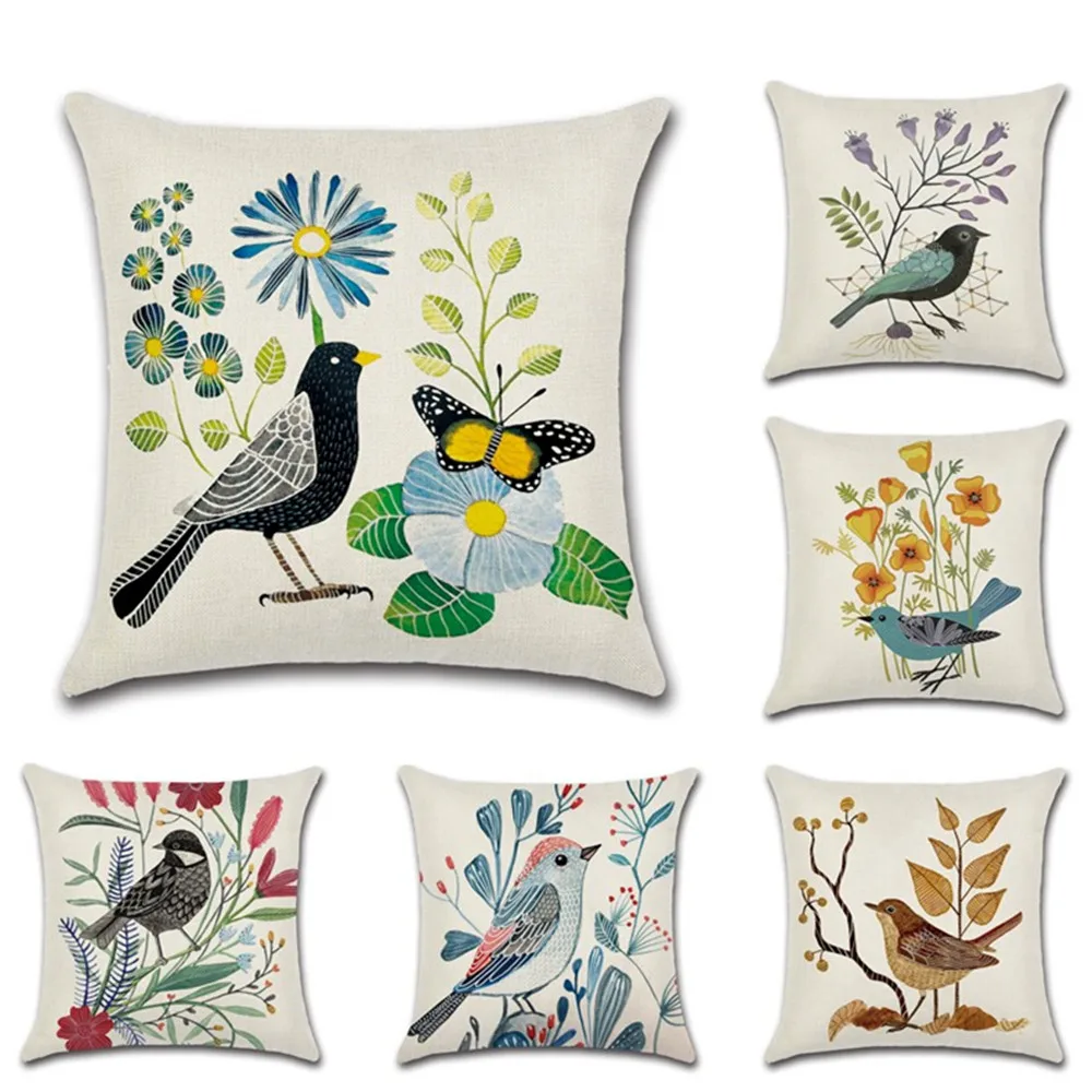 

Hot selling classical flowers and birds Printing Pillow case Custom Home Decoration Linen Pillowcase Car Waist Cushion Cover