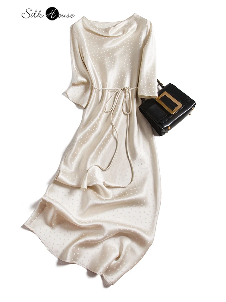 

Early Spring 19mm Cream Polka Dot Jacquard Satin Swing Collar Dress French Elegant Dress