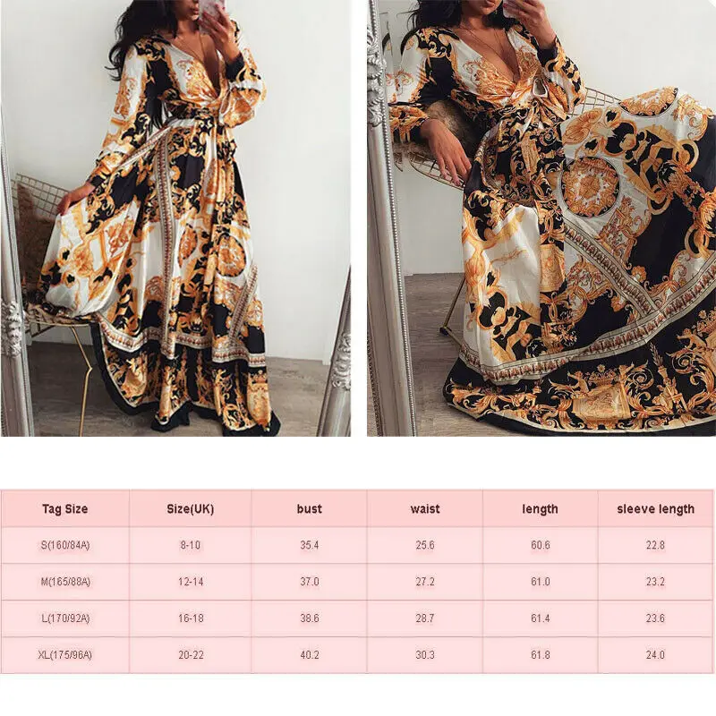 Женское винтажное платье в пол длинное стиле ретро с длинным рукавом V-образным