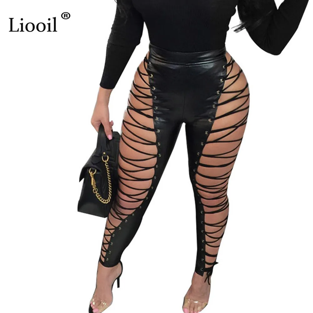 Liooil, сексуальные, Клубные, черные, белые, с высокой талией, на шнуровке, кожаные, длинные штаны, для женщин, выдалбливают, на шнуровке, на молнии, женские, вечерние, брюки