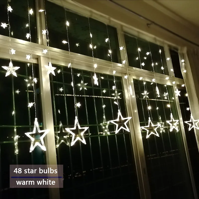 WarmWhite 48star Гирлянда светодиодная AC110V или 220 V сказочные огни Звездные занавески гирлянды украшения рождественские Свадебные огни 3 м - Испускаемый цвет: WarmWhite 48star