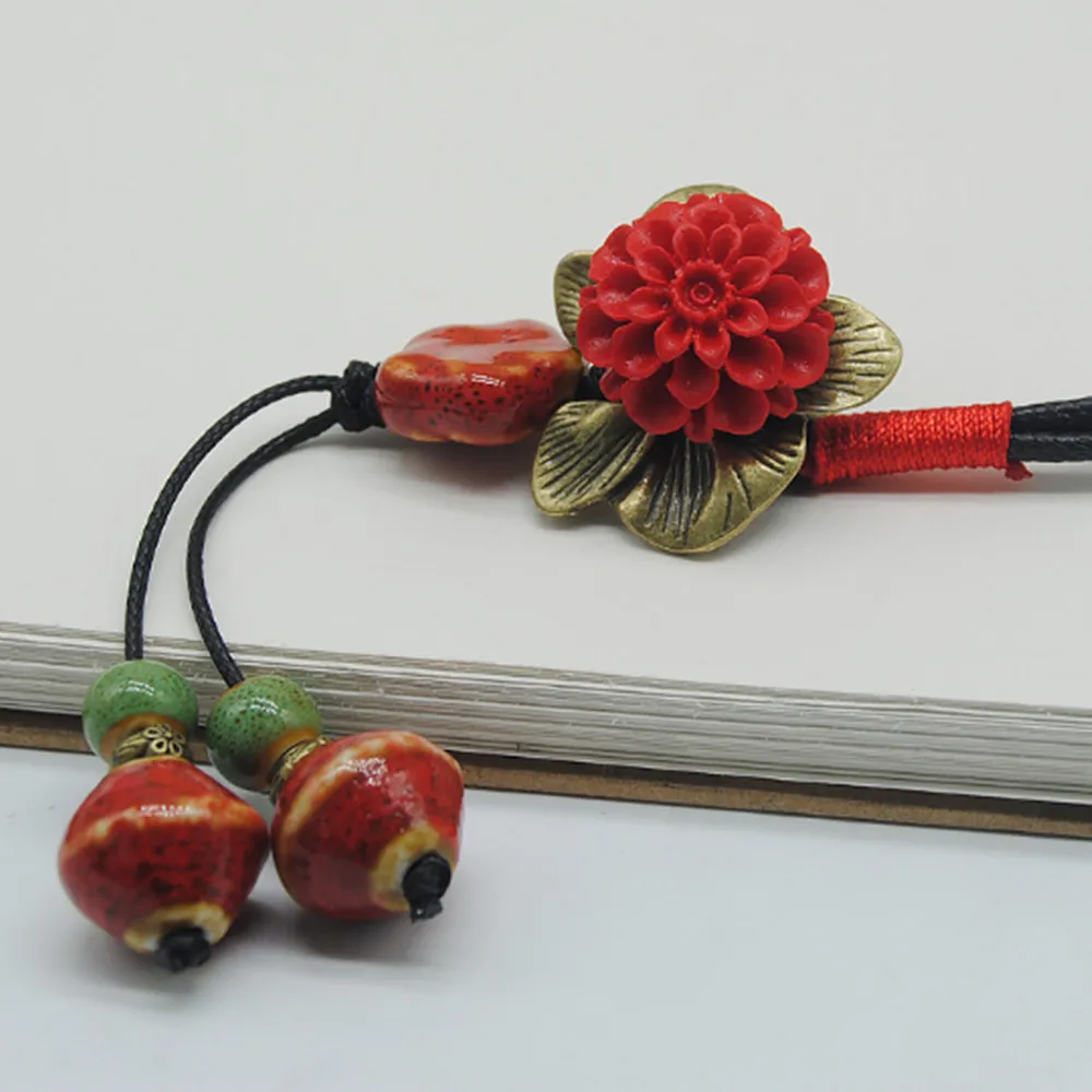 Ретро этнический стиль ручной работы Керамические цветы кулон свитер цепь