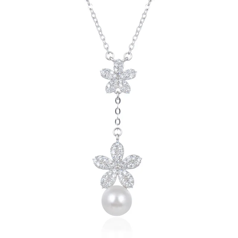 

Bague Ringen Sterling Silver 925 Jewelry Necklace for Women Freshwater Pearl Pendant Chain Charms AAA Zircon Flower Wedding Gift