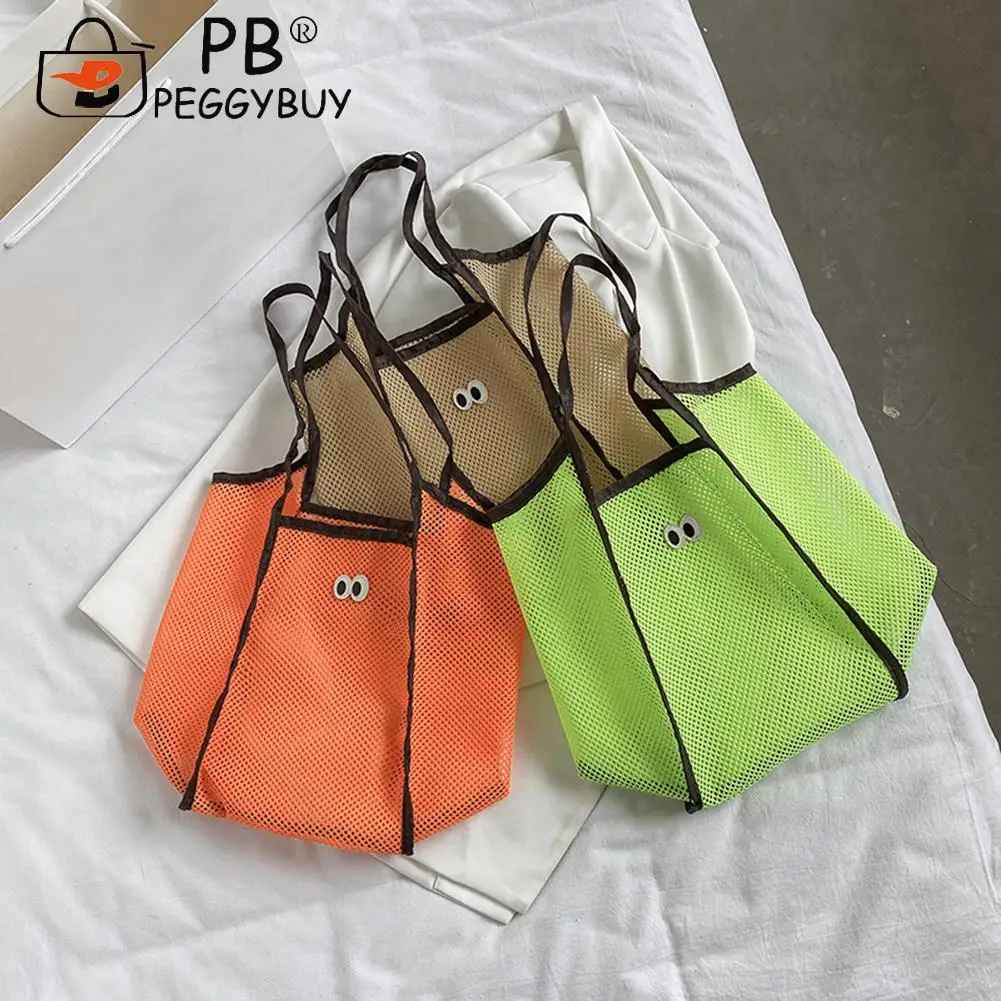 

Модная Сетчатая Сумка на плечо с вырезами, Женские однотонные вместительные сумки, Лоскутная сумка-тоут с мультяшными глазами