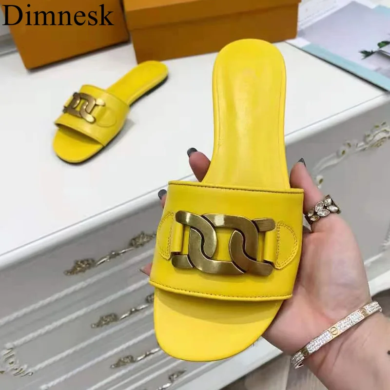 

2021 Flat Open Toe Slippers Women Metal Buckle Decor Leisure Sandals Lazy Slides Summer Comfort Vacation Shoes Zapatos Mujer