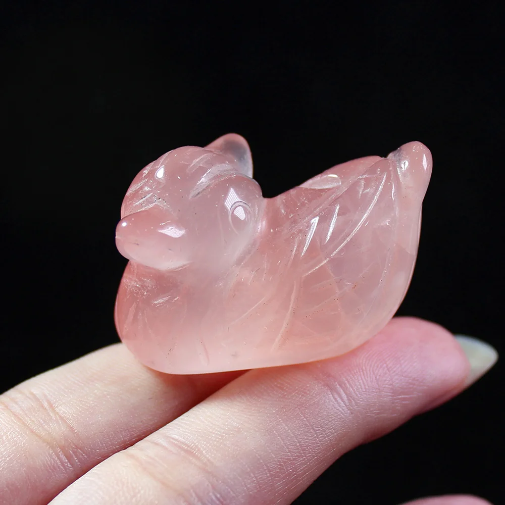 

Natural Pink Crystal Hibiscus Crystal Rough Stone Carving Handicraft Wedding Gift Mandarin Duck Small Ornament