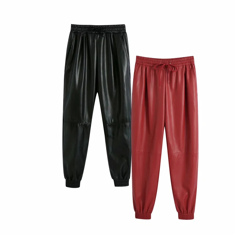 

DOUJILI 2021 Hip Hop Streetwear PU Pant Black Red Trousers High Waist Tight Ankle Ladies Pants For Women