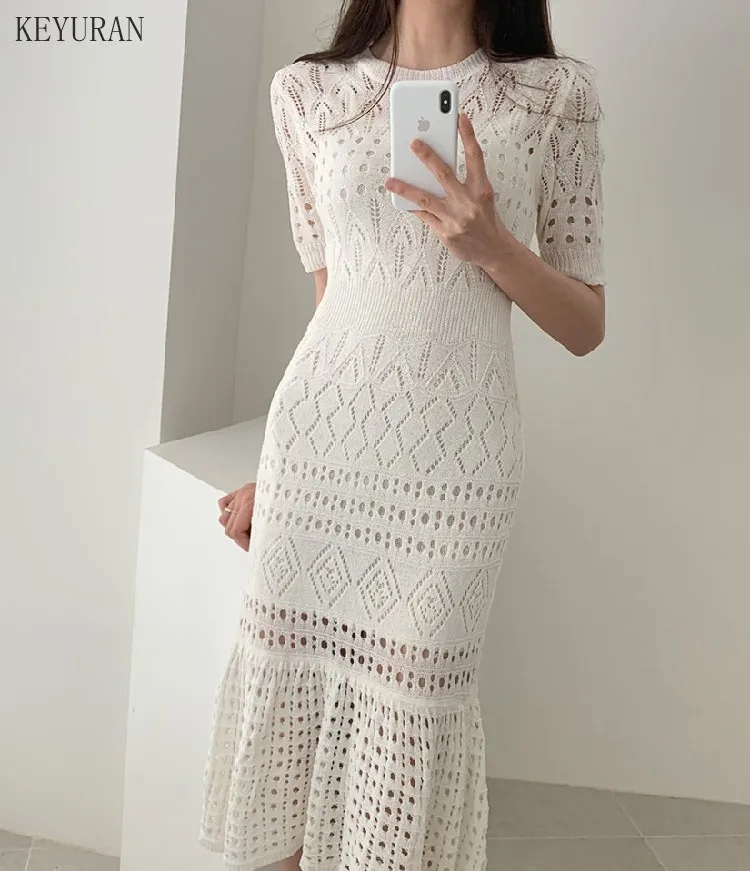 

2021 New Summer Hollow Out Women Ruffles Knit Dress Elegant Short Sleeve High Waist Midi Dresses Female Fashion Chic Vestidos