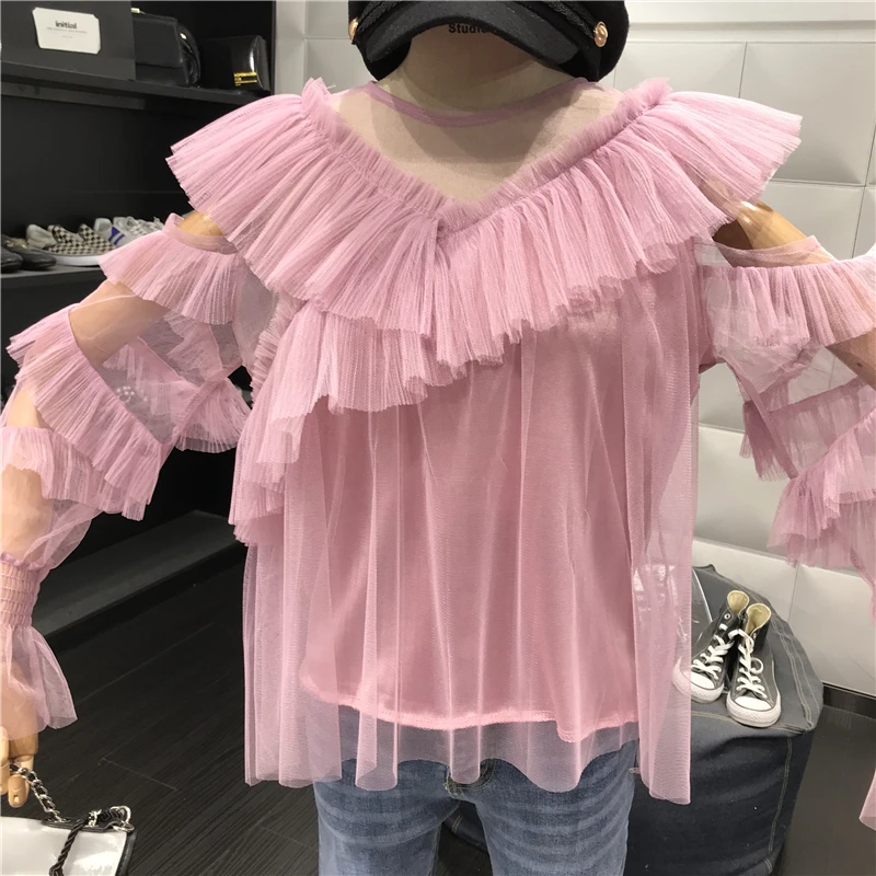 ALPHALMODA с длинным рукавом перспектива сексуальные женские осенние блузки с v-образным воротником гофрированные рукава Дамская мода шифоновый наряд рубашка
