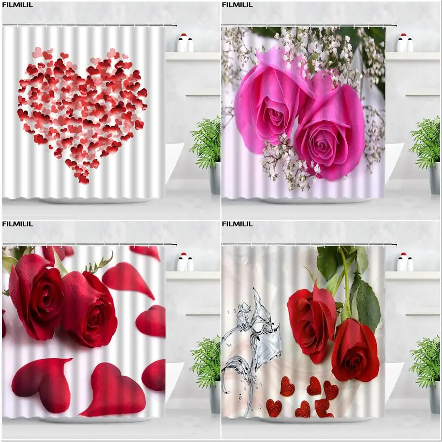 

Red Rose Flowers Shower Curtain Set Love Heart 3D Natural Floral Modern Valentine's Day Decor Polyester Fabric Bathroom Curtains