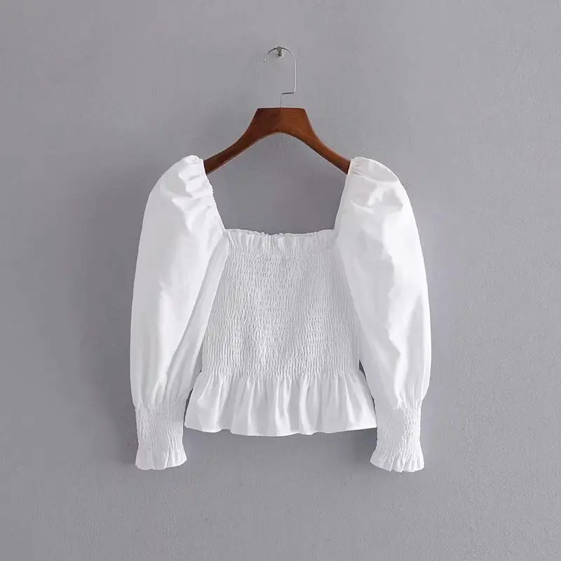 

Summer Ladies Poplin Elastic Blouse Shirts ZA Solid Lantern Sleeve Square Collar Thin Top Female Half Sleeve Ruffles Outfits
