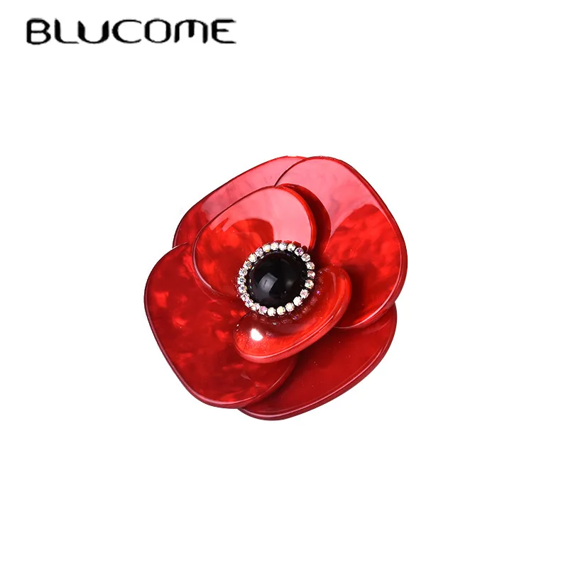 

Blucome Acrylic Red Flower Brooches Corsage Crystal Black Bead Brooch Hijab Pins Gold Color Collar Clip Women Men Gifts