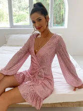 SRUBY Temperament V-neck Sequin Dress Woman Cross Deep V Neck Bubble Sleeve Bead French Sexy Party Dress Long Sleeve Christmas (3)