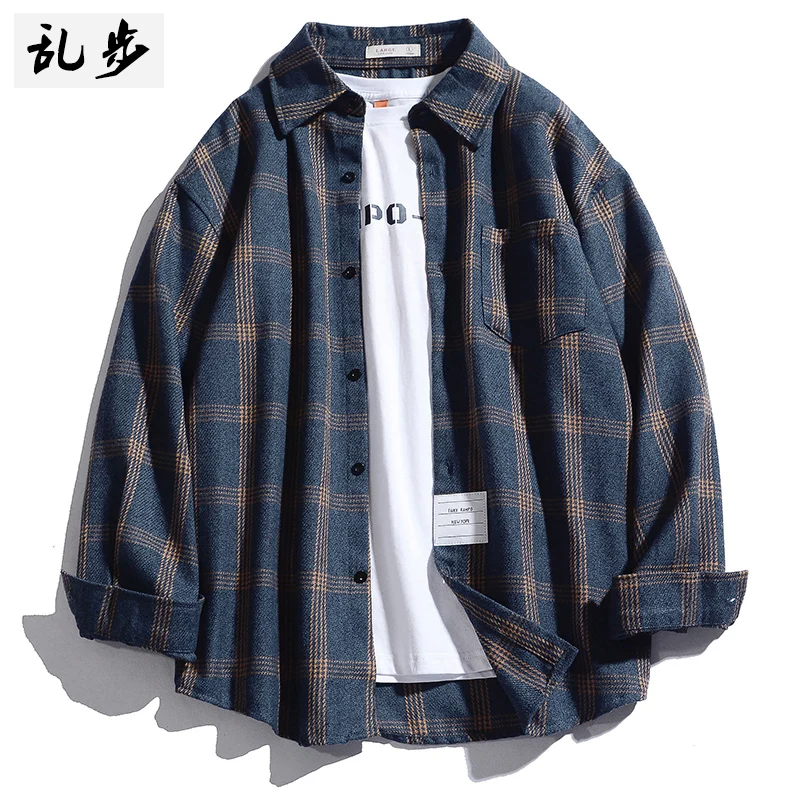 

Vintage Japanese Men Shirt Plaid Button Loose Casual Shirt Men Long Sleeve High Street Mens Clothing Oversized Spring BB60NCS