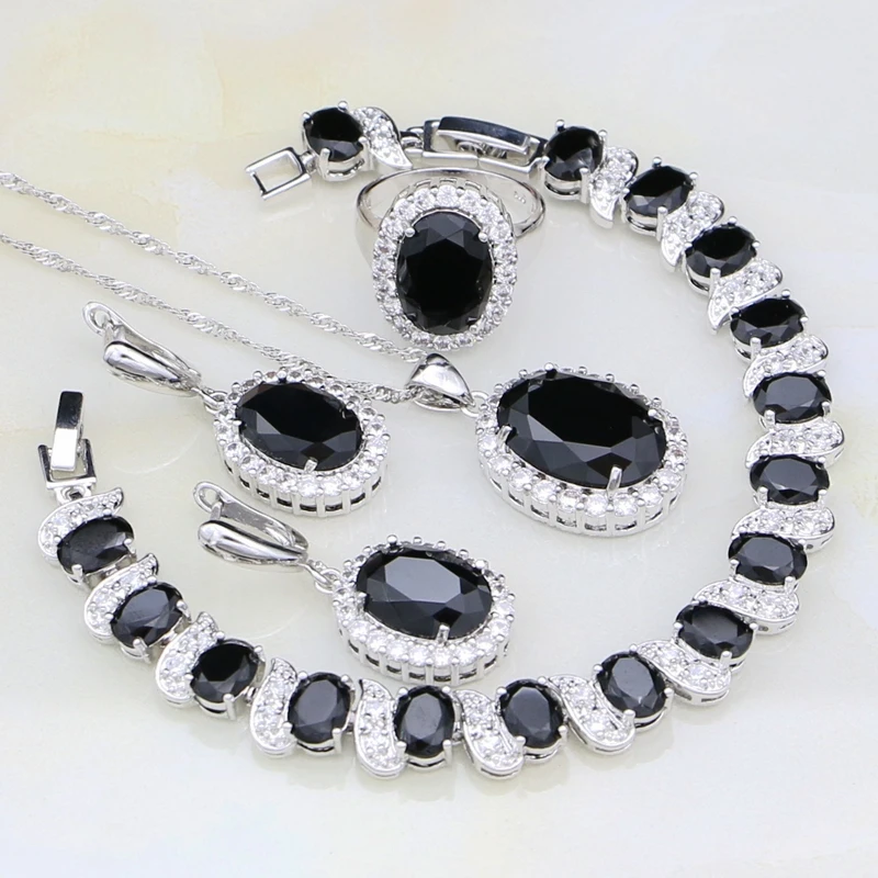 

925 Silver Jewelry Black Cubic Zirconia White CZ Bridal Jewelry Sets For Women Wedding Earring/Pendant/Necklace/Bracelet/Ring