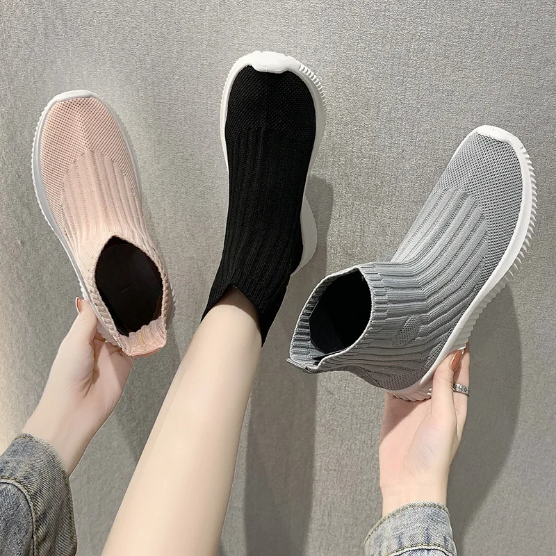 Sock Shoes Woman 2021 Autumn Platform Boots Women's Casual Sport Boot Elastic Weaven Booties Block Heel Female Footware BLACK