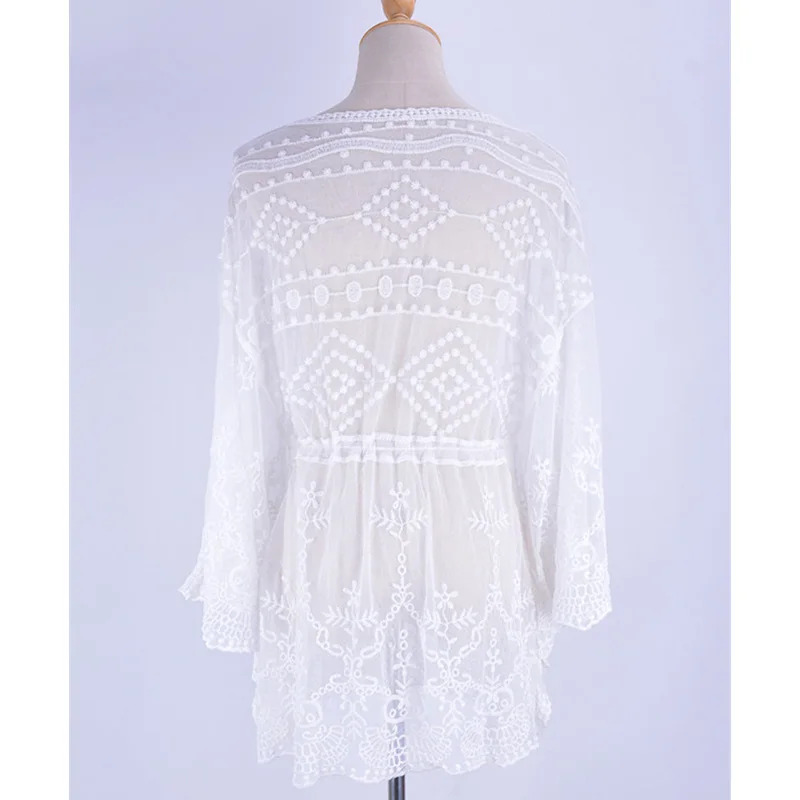 

2021 White Lace Beach Dress Tunic Swimwear Women Swimsuit Long Sleeve Bikini Cover Up Pareo Sarong Beachwear Bathing Suit