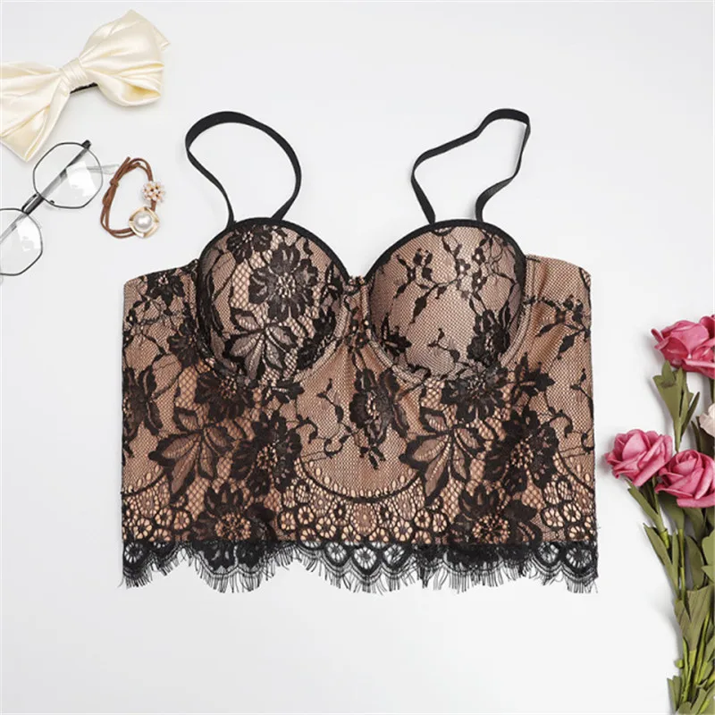 

Spring new lace sling French beauty back wrapped chest anti-glare adjustable small vest gathered tube top crop top women mujer