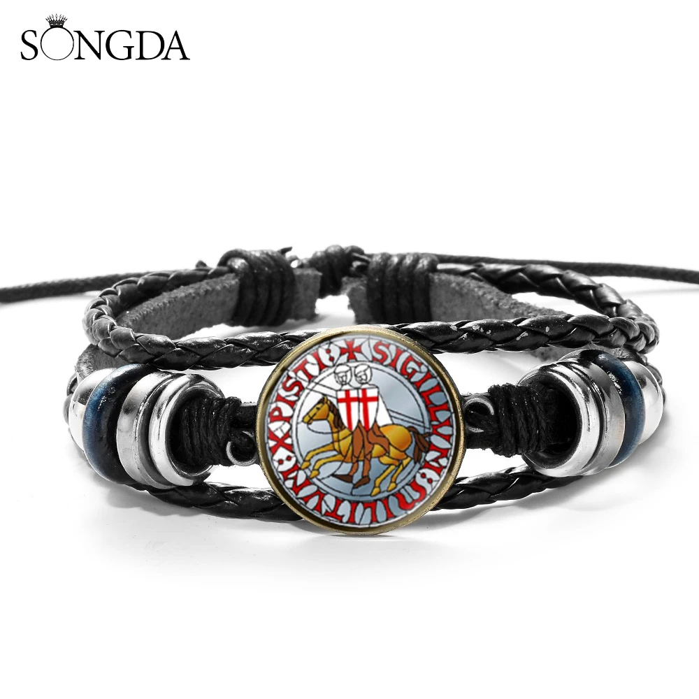 Храмовник с защитой от ударов Многослойный кожаный браслет эмблемой масонство