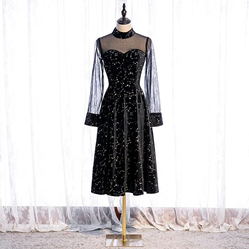 

New Prom Dress Black High Neck Sequins Knee-Length Full Sleeves for Women Elegant Lace A-Line Zipper Back Party Prom Gown B395