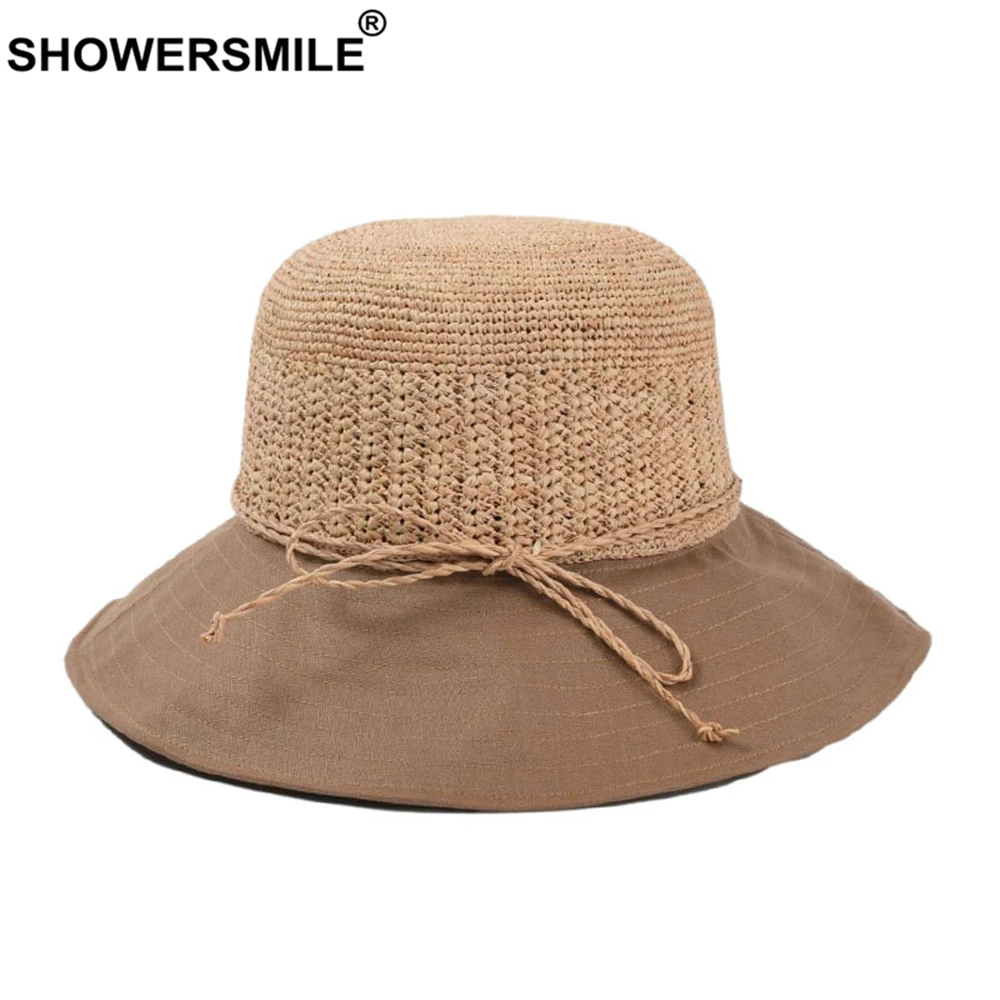 

SHOWERSMILE Straw Raffia Linen Patchwork Womens Sun Hat Retro Sun Visor Designer Brand Khaki Ladies Bucket