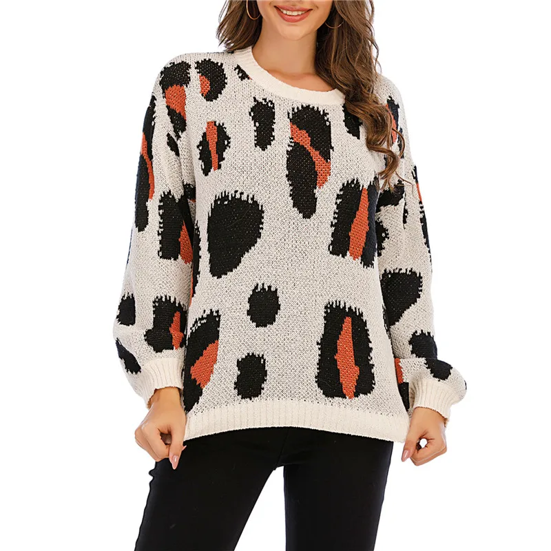 

Женские свитера с леопардовым принтом, сезон весна-осень 2021, повседневный вязаный пуловер с длинным рукавом и круглым вырезом, топы