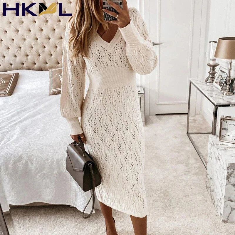 

Women Dress Hook Flower Hollow Long Sleeve V-Neck Solid Lady Sweater Warm Elegant Casual Dress Autumm