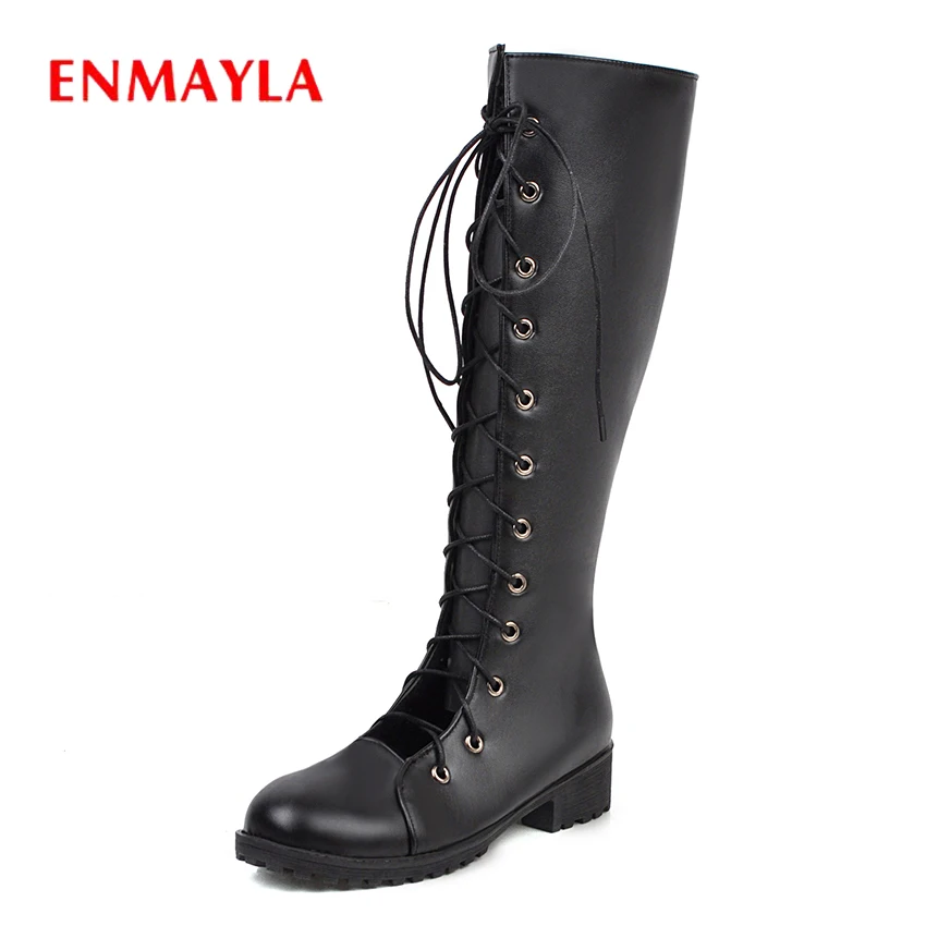 

ENMAYLA PU Short Plush Cross-tied Thigh High Boots Lace-Up Round Toe Knee-High Winter Boots Square Heel Solid Womens Shoes Flat