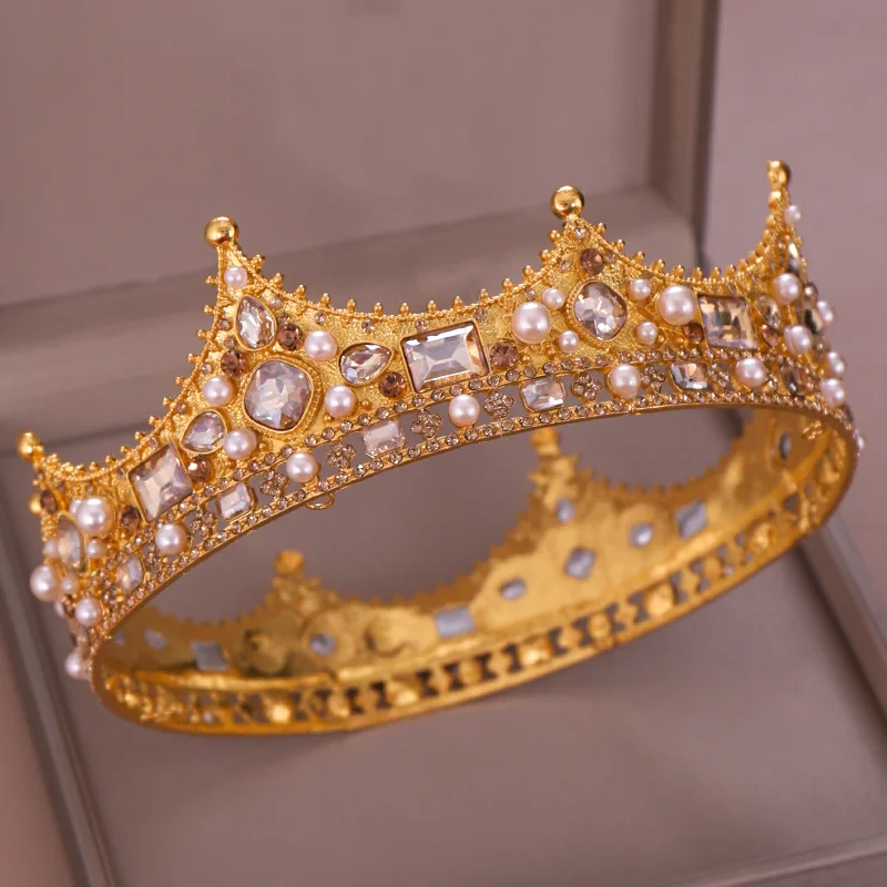 Gold Барокко Винтаж Черный Стразы бусины Круглый Большой Корона Свадебные аксессуары для волос Роскошный Кристалл Королева Король короны свадебные диадемы - Окраска металла: Gold