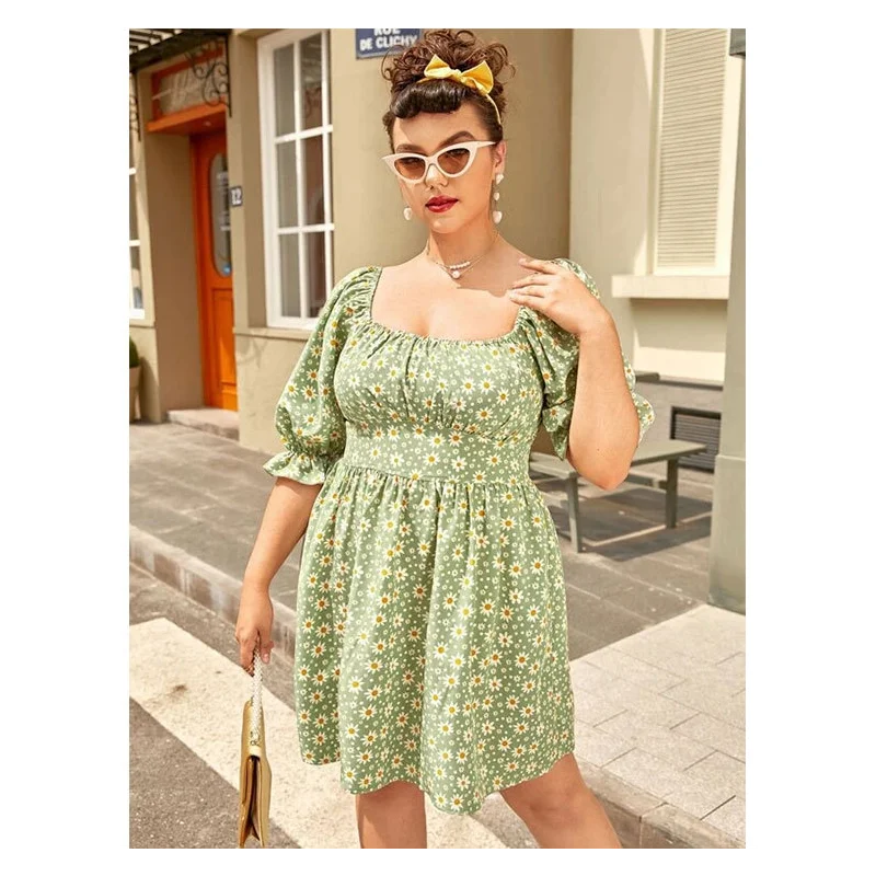 

Summer New Fashion Square Collar Floral Commuter Puff Sleeve Large Size Loose Women Short Dress A-line Skirt -40