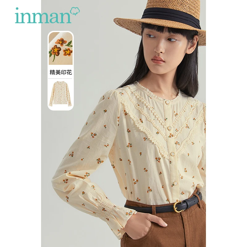 

INMAN Autumn Spring Blouse Women Pastoral Retro Printing Small Round Collar Lace Splicing Elastic Cuffs Long Sleeve Shirt