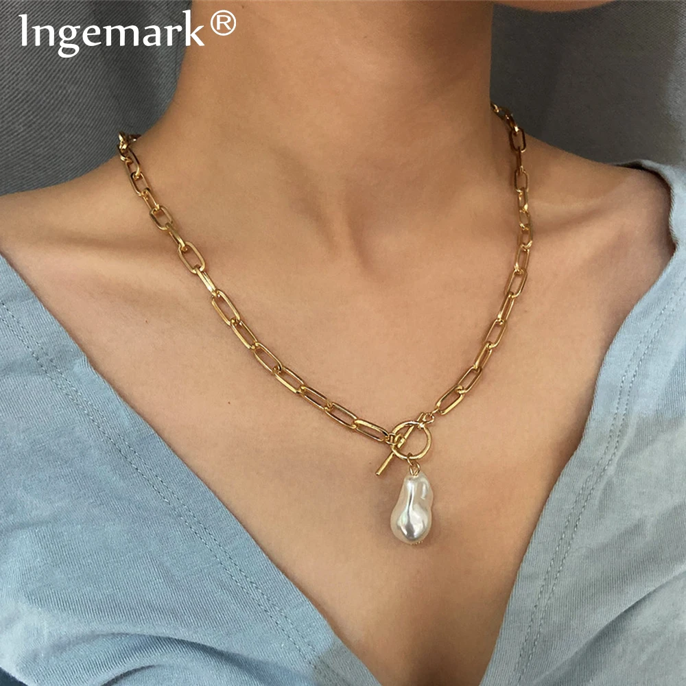 

Goth Baroque Pearl Pendant Choker Necklace for Women Wedding Punk Kpop Big Beaded Long Chain Necklaces Christmas Jewelry Gift
