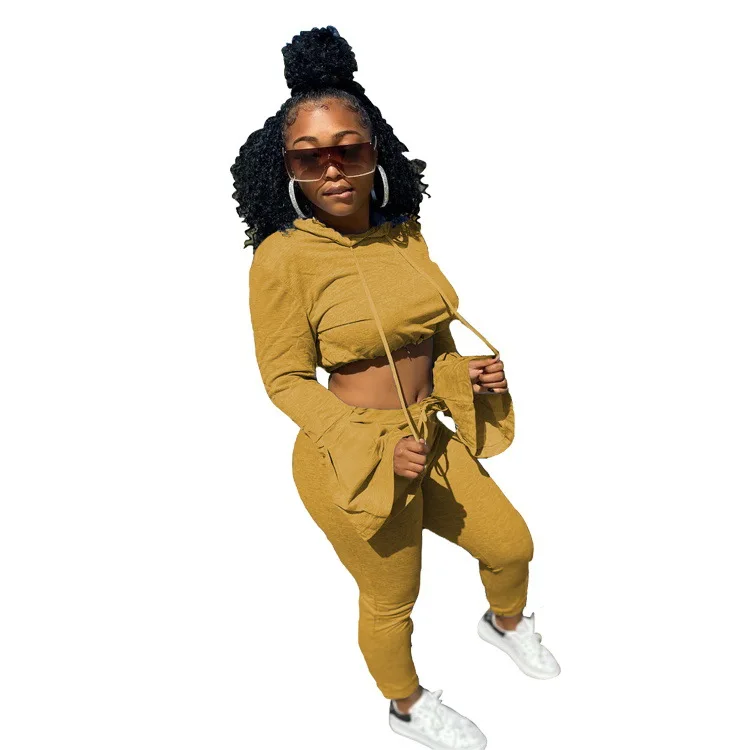 

47W935 Autumn and winter women's casual Street sexy two-piece top and pants hooded trumpet sleeve sweater two-piece set