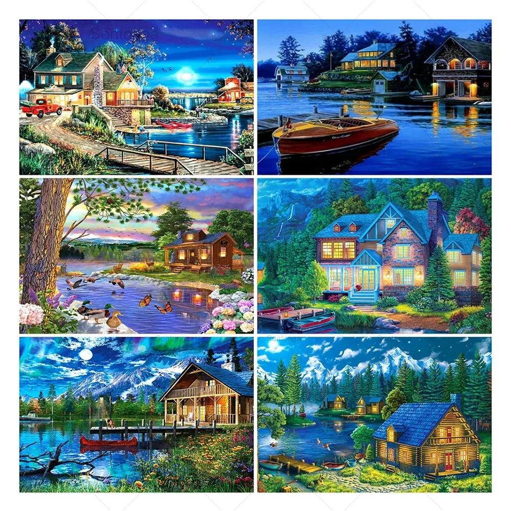 

Sontonga Diamond Painting Full Drill Landscape Diamond Embroidery Lakeside House Picture Mosaic Night Cross Stitch Handmade Gift