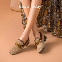 beautoday fur loafers women kid suede leather chain decoration square toe slip on warm winter ladies shoes handmade 15803