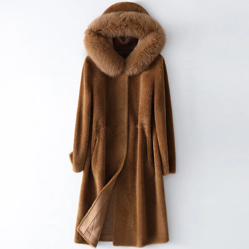 Winter Fox Collar Hooded Long Lady Wool Coat High Quality Fur Coat Women's Autumn 3xl Blue Red  Keep Warm Sheep Cashmere Coat