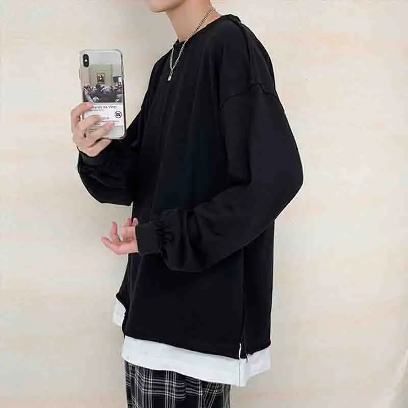 

Flowing fake crew neck two piece fashion sweater T-shirt youth student sports loose solid color Pullover autumn Hong Kong Korea